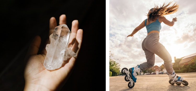 Hand holding a crystal and woman roller blading.