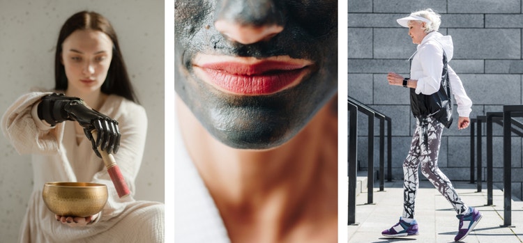 Girl with a prosthetic arm, senior woman exercising outdoors and woman relaxing with a charcoal facial mask.