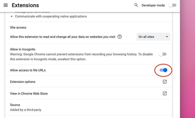 The extension management page.