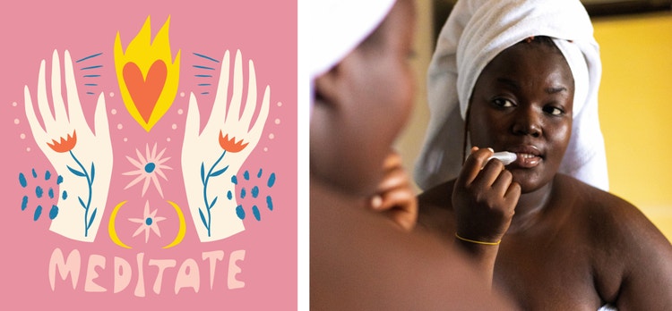 Magical boho hand art and Woman in bathroom getting ready for the day.