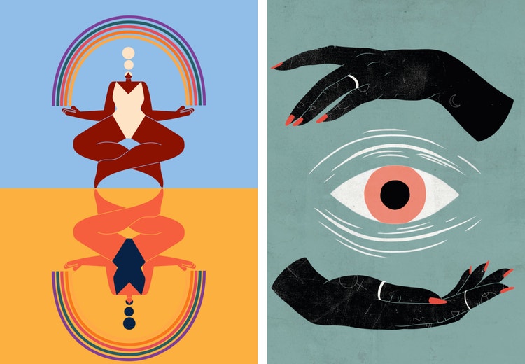 Concept on unity, sisterhood and understanding and iIllustration of hands holding wisdom eye.