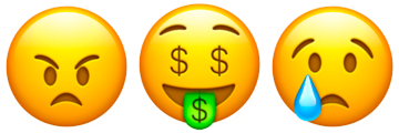 Angry face, money-mouth face and crying face emojis