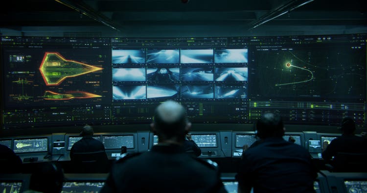 Rear Admiral Cain (Ed Harris) enters Darkstar’s Mission Control.