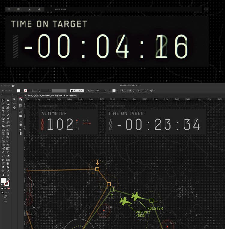 Hansen’s “Time on Target” designs and animations were used throughout the film to enhance the sense of speed and danger, and to tie the main training portions of the film to the end sequence.