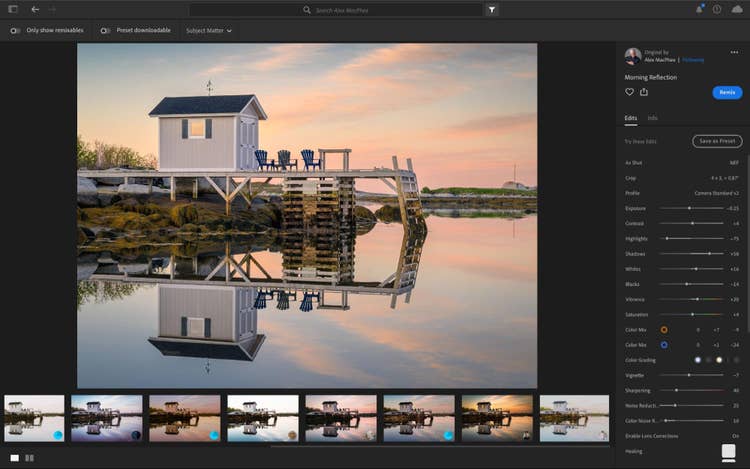 The edits panel in a Lightroom Discover community image contains a remix button that allows users to experiment with different edits on that photo.