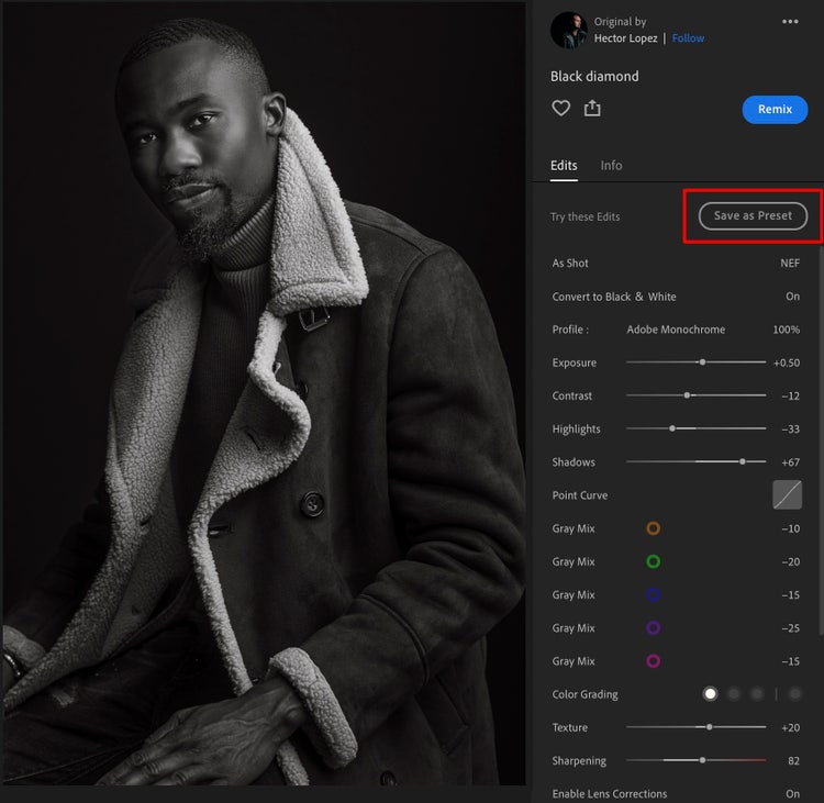 The save preset button in Lightroom's Discover Edits tool allows photographers to save the edits on a shared image, as a preset.