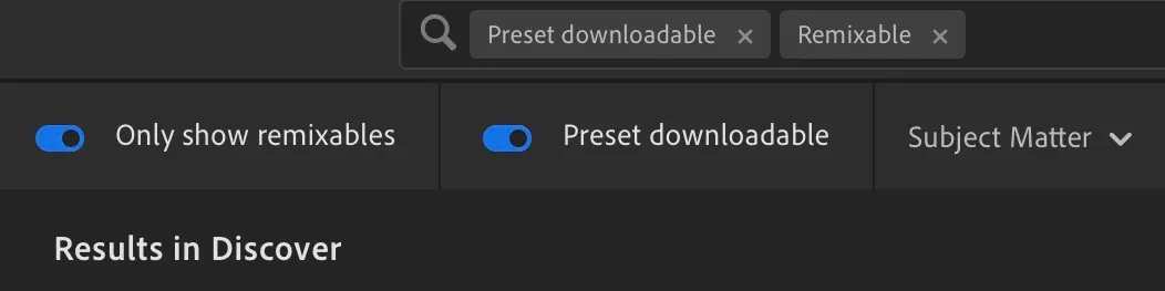 The 'only show remixables', and 'preset downloadable' toggles enabled in Lightroom Discover's filter options.