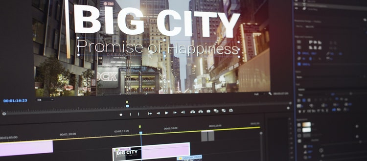 A title added to a video in Premiere Pro. Below, the title clip is visible on the Timeline. To the right, the design tools in the Essential Graphics panel in Premiere Pro.