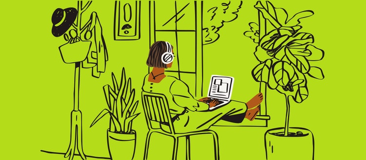 Illustration of a woman with a laptop resting on her lap.