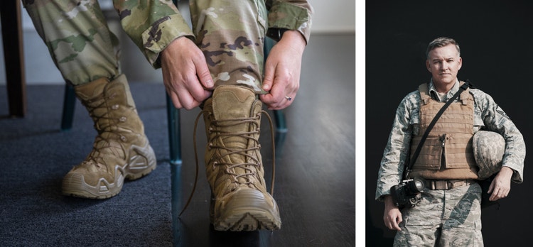 Air-force service member gets ready for work and leaves.
