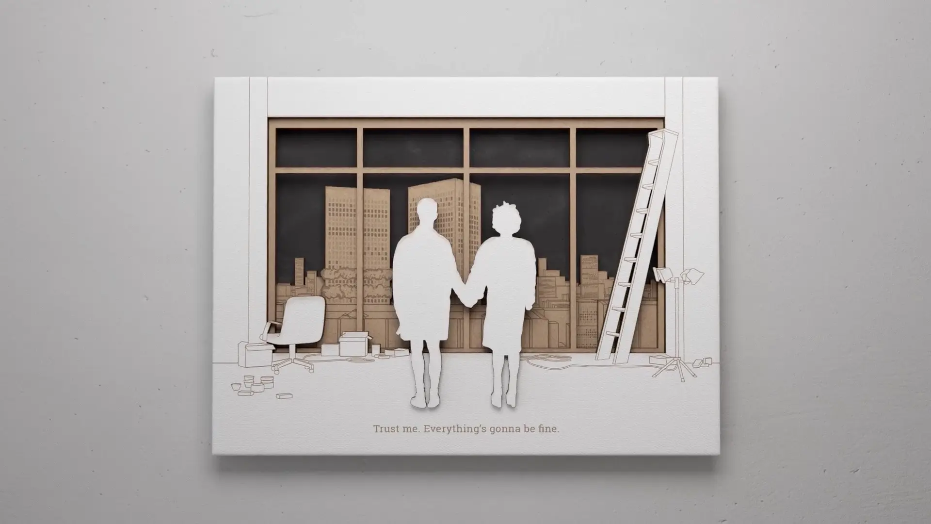 Lasercut frame of two characters holding hand from Jorge Valle's video 'Trust me. Everything's giong to be fine.'