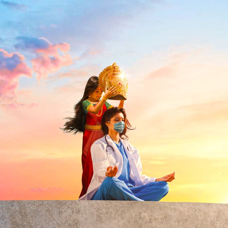 Artwork of a frontline worker being crowned by Rames Harikrishnasamy