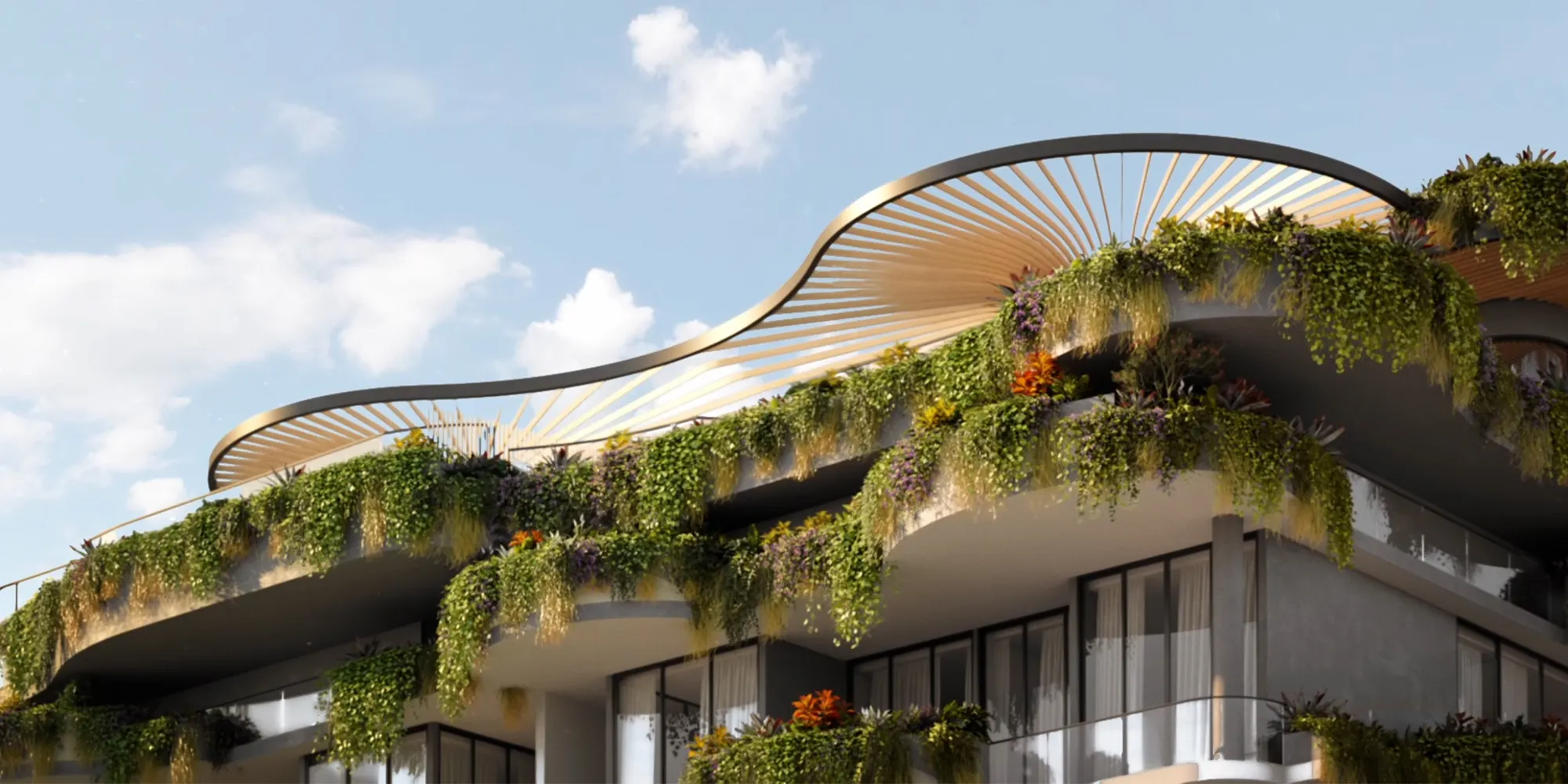 3D render of an apartment rooftop with plants hanging off the top