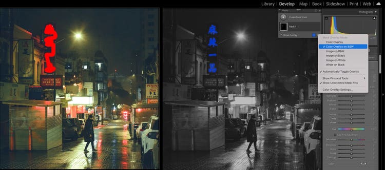 Before / after painting over the Chinese characters on the sign with Brush Select.