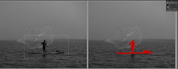 Before / after drawing a rectangle around the fisherman with Rectangle Select.