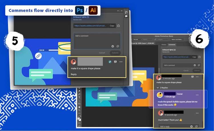 Illustration of commenting directly in Photoshop or Illustrator.