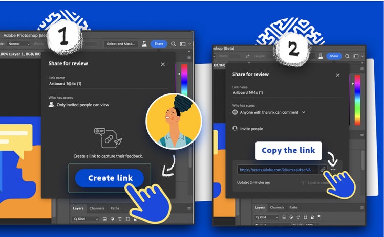 Illustration of 'Share for Review' feature in Photoshop and Illustrator.