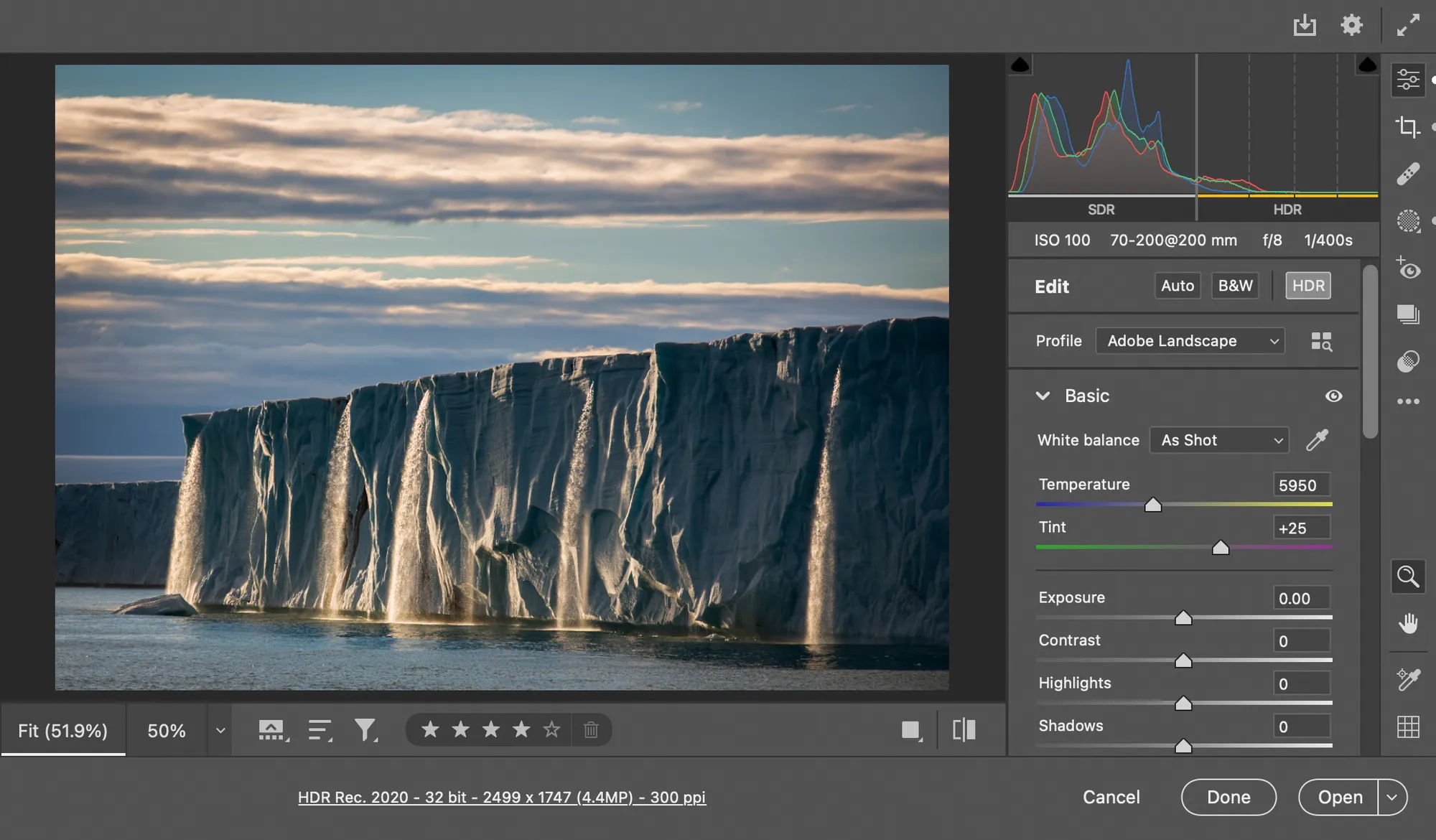 See the extended highlights in your histogram with HDR support in Camera Raw.