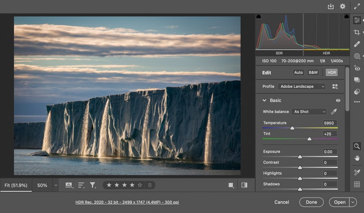 See the extended highlights in your histogram with HDR support in Camera Raw.