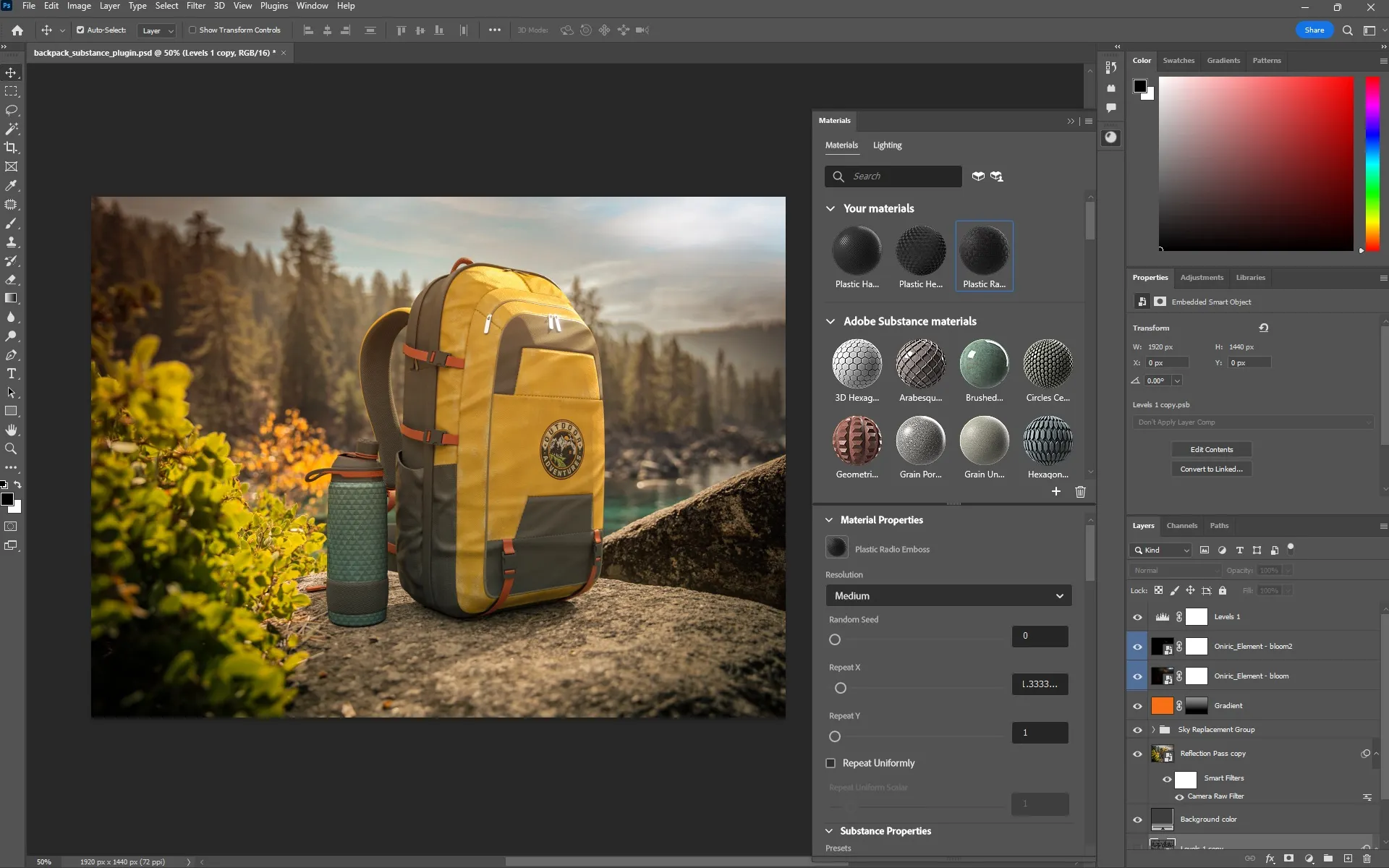 Screenshot showing a yellow backpack using Substance materials for Photoshop.
