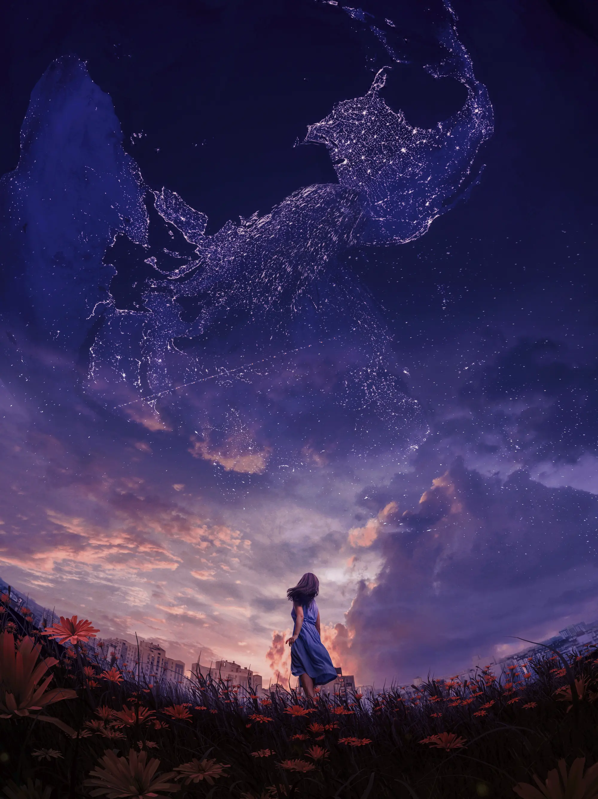 Artwork by Katrina Yu showing a women looking up at the stars