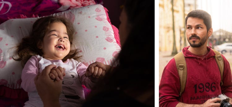 Left: A child with disabilities laughing and having fun with mother in bedroom; Right: Photographer Gabriel Vergani