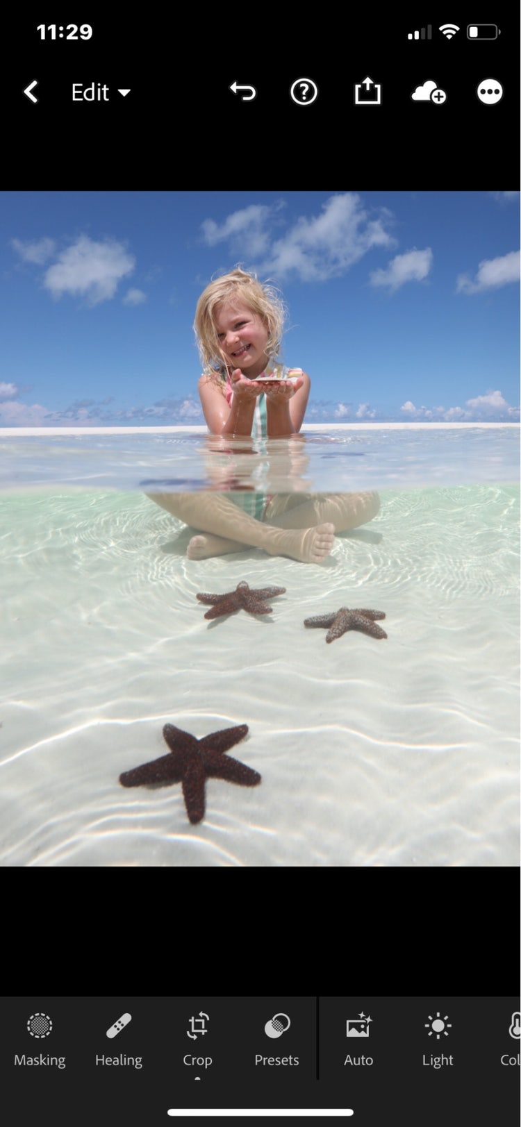 The edit option in a selected photo in the Lightroom mobile app, surfaces the option to create a new mask.