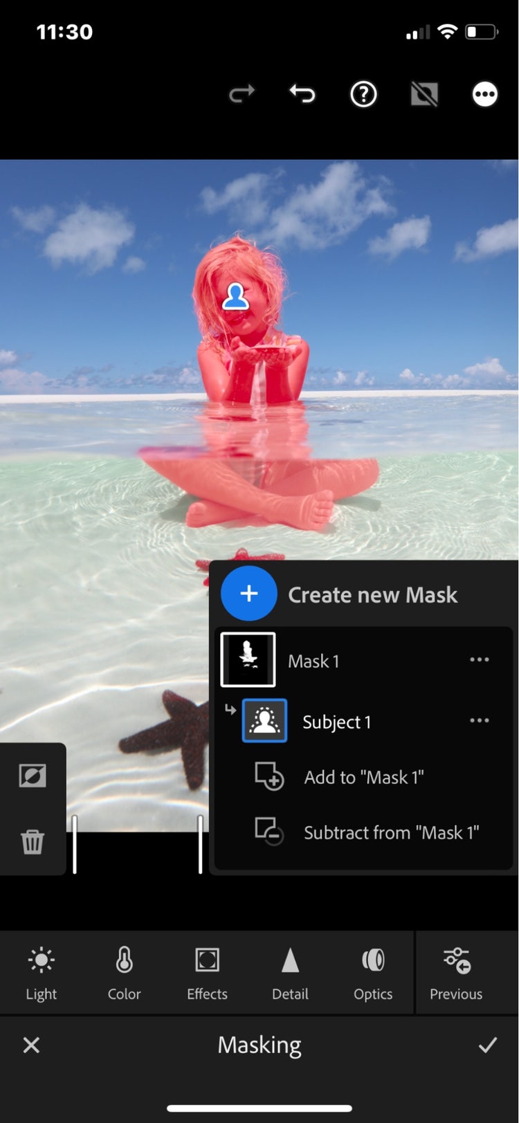 Creating a new mask in the Lightroom mobile app provides the user with the option to select the subject or select the sky for masking.