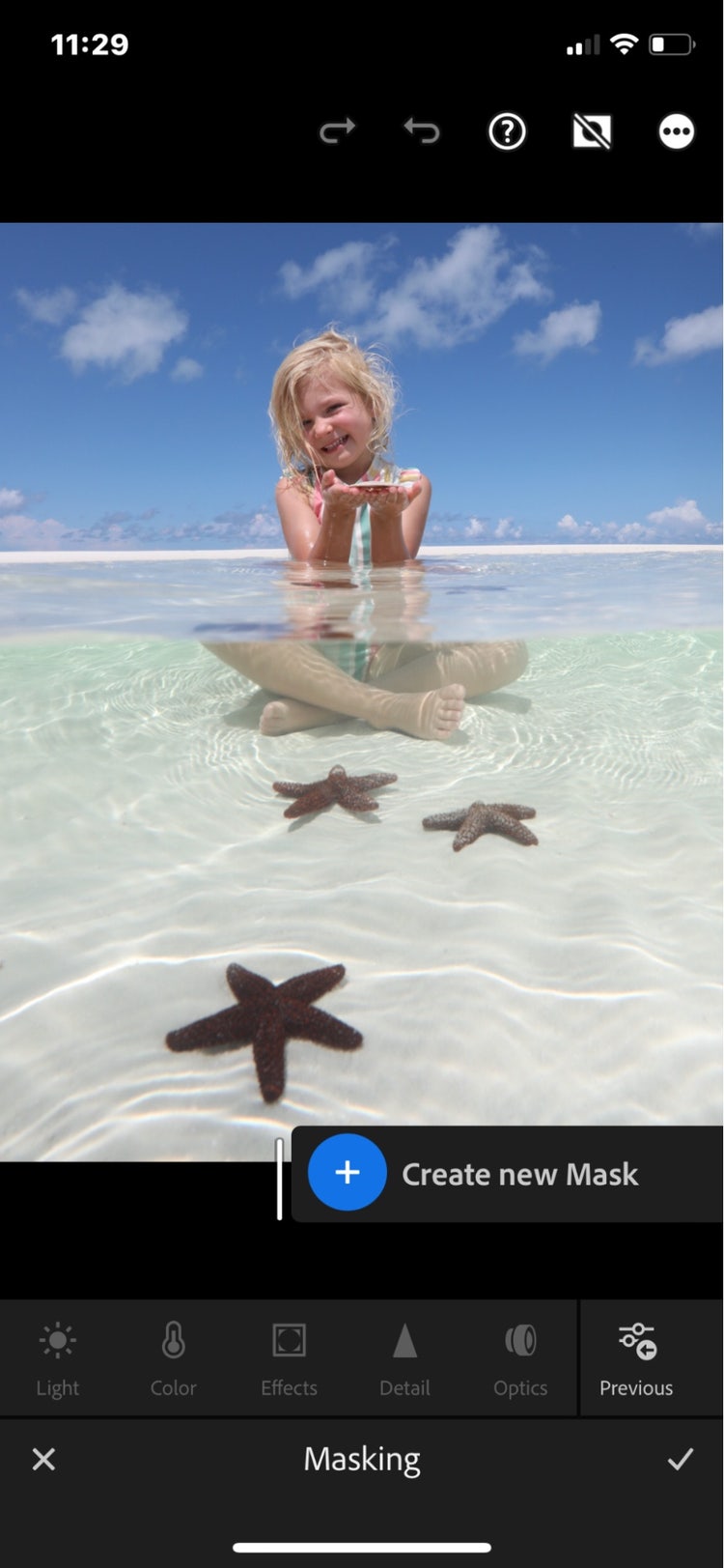 The edit option in a selected photo in the Lightroom mobile app, surfaces the option to create a new mask.