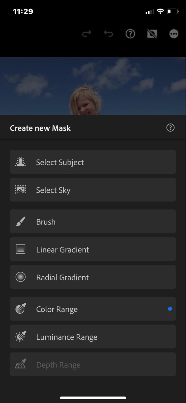 Creating a new mask in the Lightroom mobile app provides the user with the option to select the subject or select the sky for masking.