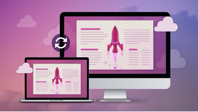 Image of two computer screens with a rocket launching on the screens.