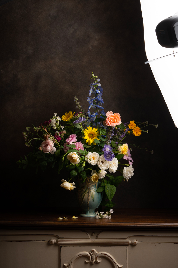 Setting the scene for a flower photoshoot with natural vignetting. A large light source is situated close to the subject to cast a shadow on the background.
