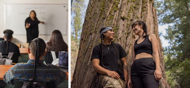 Left image: Teacher lectures Native students with the camera behind them. Right image: Indigenous man and woman under a tree.