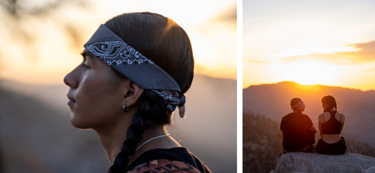 Left image: Side profile of a young native man wearing a bandana. Right image: Vertical image of young native people on a mountain.