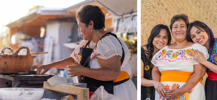 Left image: Indigenous woman making tortillas by hand and cooking them on the griddle. Right image: Three Indigenous women smiling directly into the camera with a petate as the background.