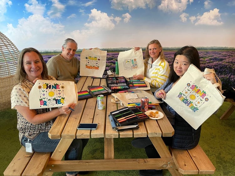 A group of Adobe employees sitting at a table together.