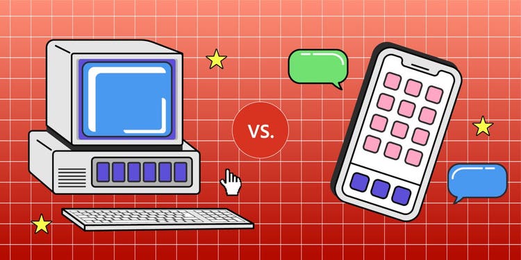 Illustration of an 80's desktop computer vs a smart phone.