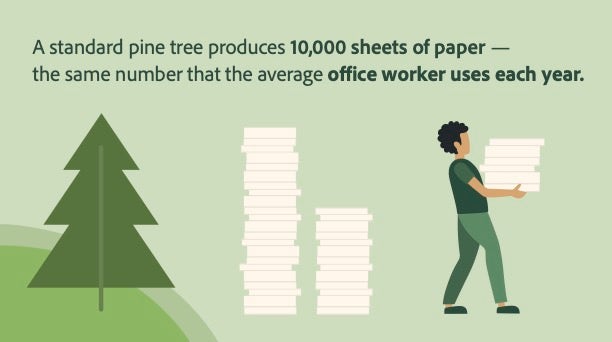 Illustration of a pine tree and a person carrying sheets of paper.