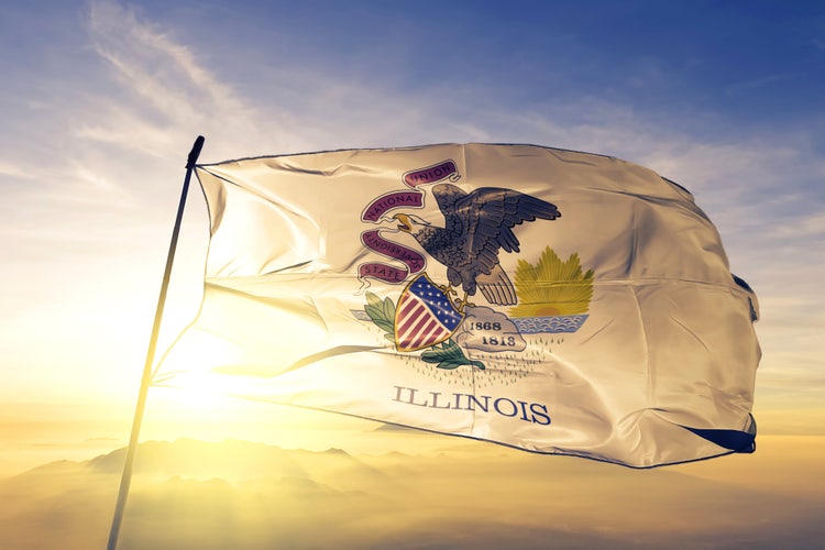Illinois state of United States flag waving on the top sunrise mist fog.