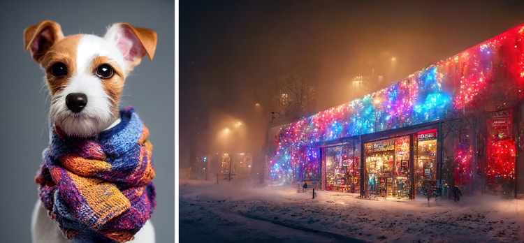 Image of dog and a store front lit up with lights.