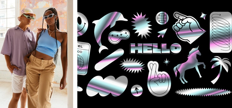 Left: Imagine of two people in retro active wear Right: Image of 90's inspired decals.