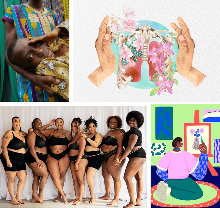 Collage of closeup of a boy, digital art of human body parts, group of woman, and colorful illustration.