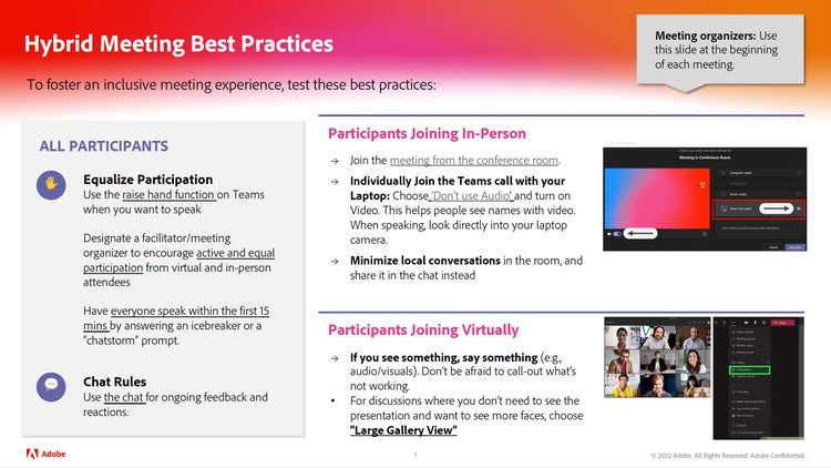 Chart showing Hybrid meeting best practices.