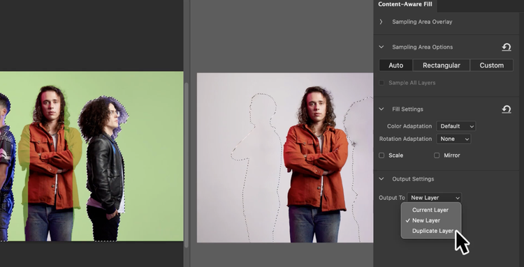 Image of men in Photoshop app, showing content-aware fill feature