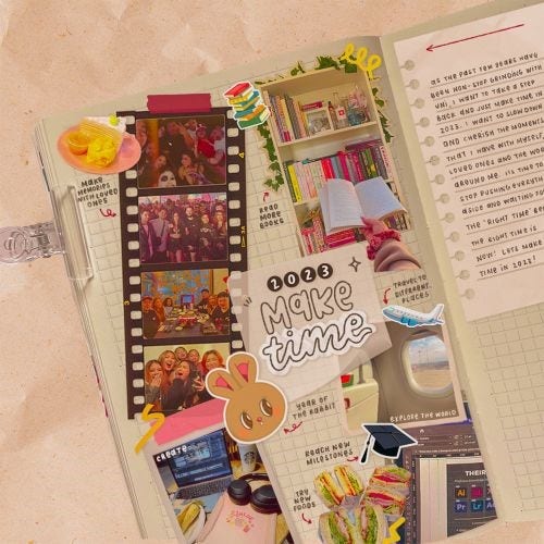 Collage design of images and stickers in a notebook.