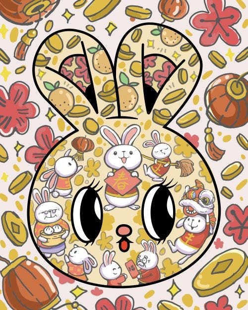 Rabbit illustration with lanterns and flowers.