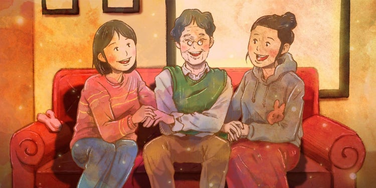 CJroBlue Lunar New Year illustration of a father with his two daughters.