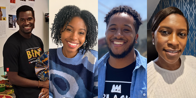 A photo collage of Adobe Black Employee Network members Bernard Hishamunda, Deanna Washington, Torin Edwards, and Sade Bamidele.