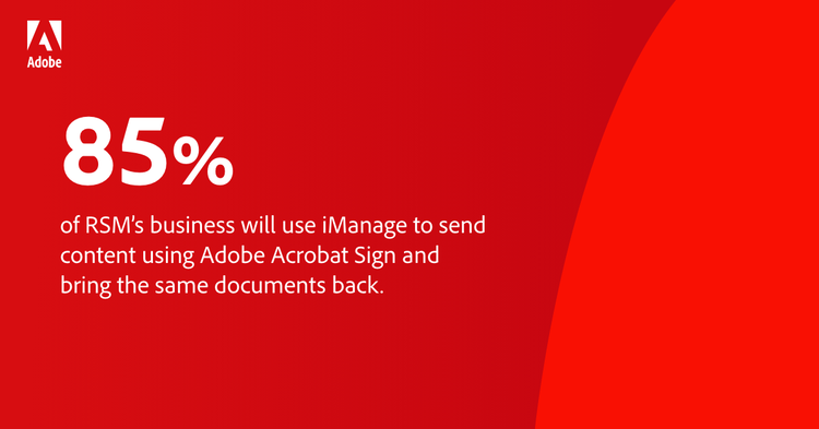 Statistic graphic: 85% of RSM's business will use iManage to send content using Adobe Acrobat Sign and bring the same documents back.
