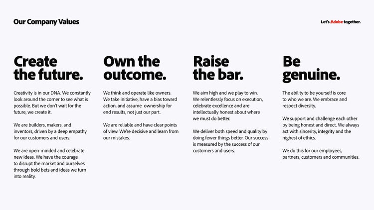 Our Company Values: Create the future. Own the outcome. Raise the bar. Be genuine.
